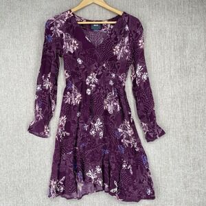 Maeve Dress Women XS Purple Floral Sashiko Stitched Long Sleeve V-Neck Mini Boho